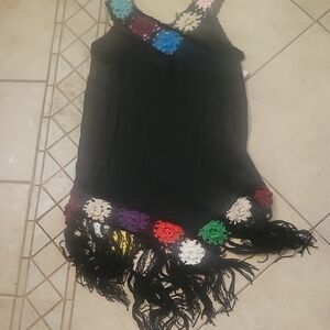 T-Strap Dress Crochett Fringe Hem Black Goth Grannycore Romantic SZ M